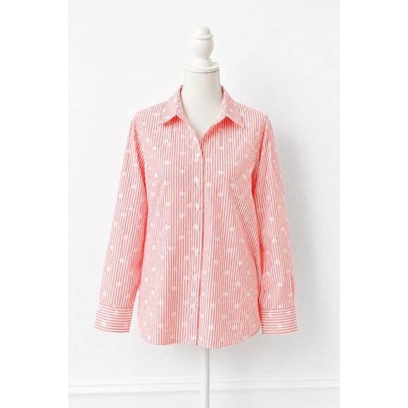 Chico's Tops - Chicos No Iron Button Down Coral Striped Polka Dot Shirt Size 2 (L-12)